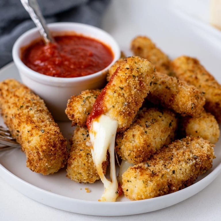 A serving of golden homemade mozzarella sticks with melted cheese pulls, next to marinara.