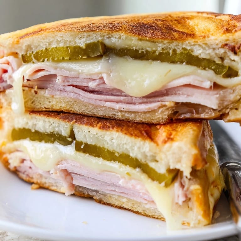 Steam rises from a warm Cuban sandwich, layered with Swiss cheese and pickles, cut diagonally on a rustic wooden board.