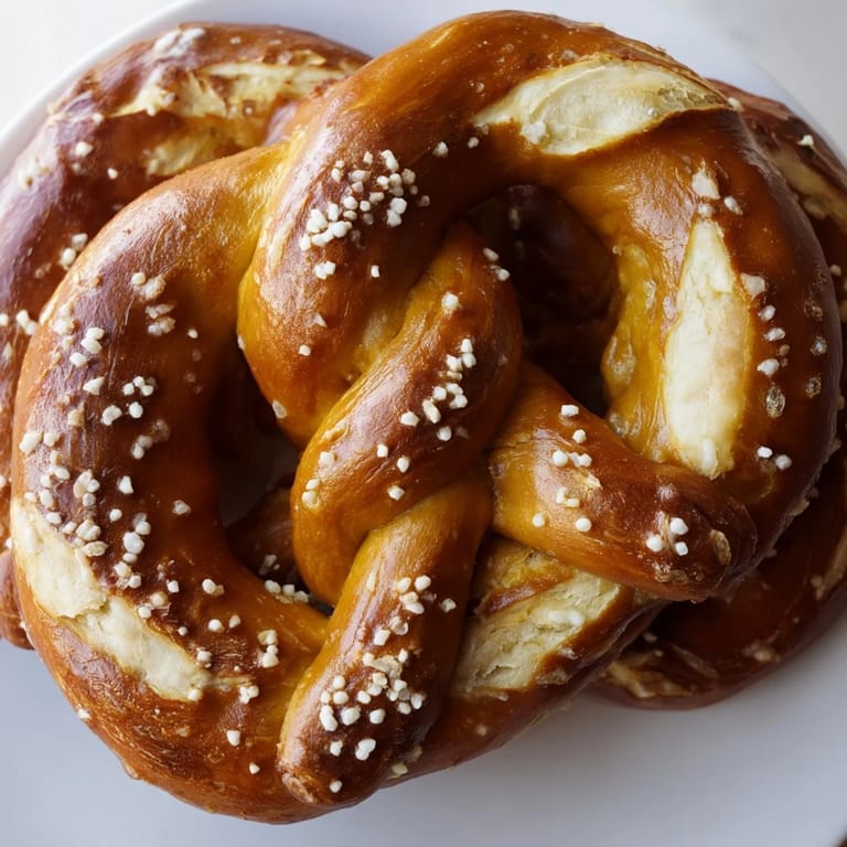 Golden-brown Soft Pretzels fresh from the oven, crusty exterior and tender crumb, displayed on a wooden board with a bowl of spicy brown mustard.