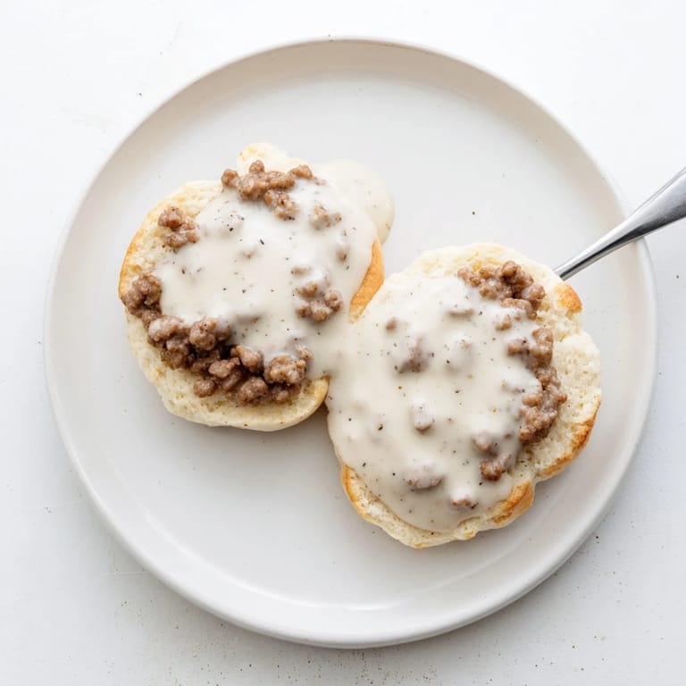 Freshly baked biscuits split and generously topped with hot, savory pork sausage gravy in a skillet.