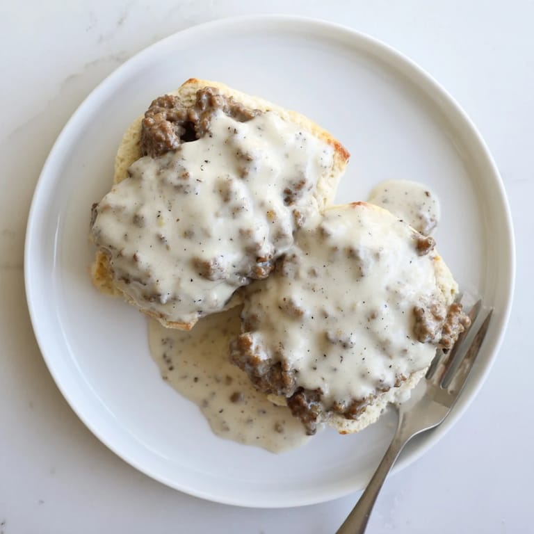 Comforting Southern Biscuits and Gravy served warm on a plate, ready to enjoy with a steaming cup of coffee.