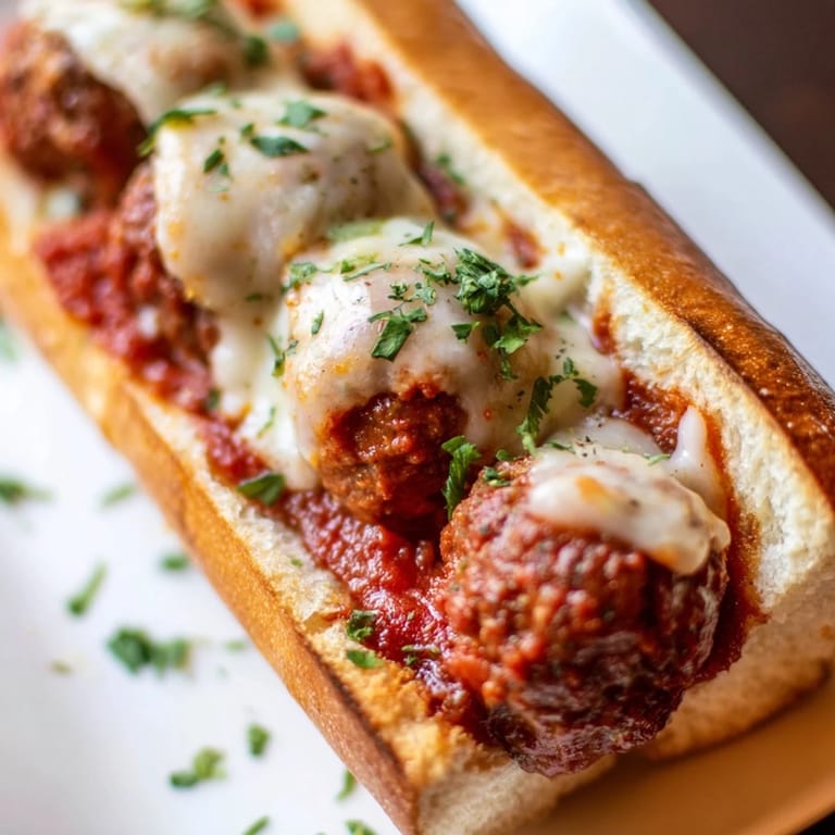 A fully loaded Meatball Sub served hot, garnished with fresh parsley and ready to be enjoyed for dinner.