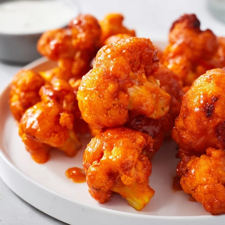 Crispy roasted Buffalo Cauliflower Wings tossed in buttery hot sauce, served with carrots and blue cheese dip on a rustic wooden board.