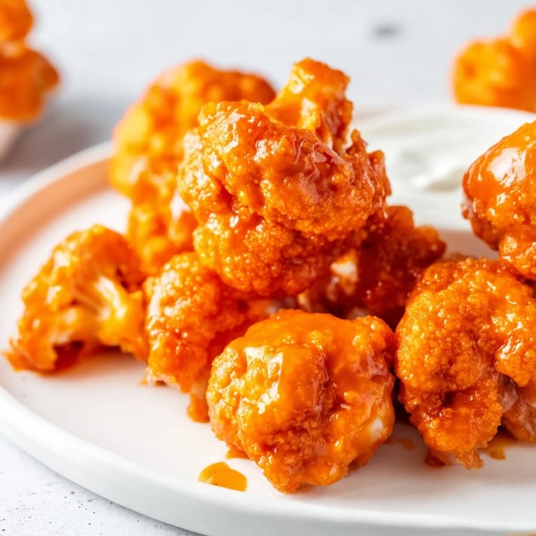 Freshly baked Buffalo Cauliflower Wings piled high, coated in tangy Frank's-style sauce, ready for a healthy vegetarian game day snack.