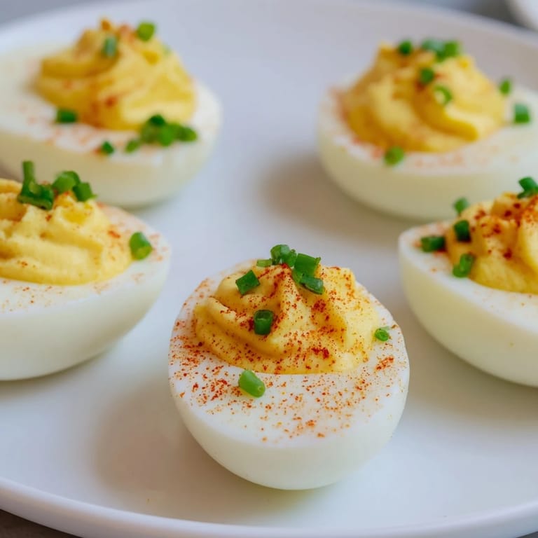 Freshly prepared deviled eggs arranged on a white plate, featuring a smooth, savory filling and a light dusting of paprika.