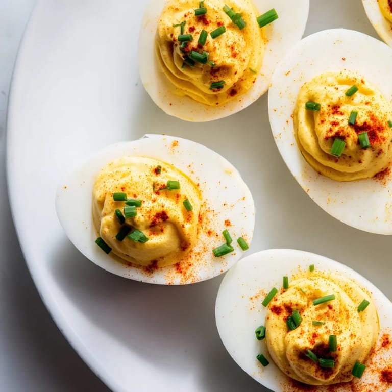 Perfectly halved deviled eggs filled with a tangy yolk mixture, garnished with herbs for a festive party platter.
