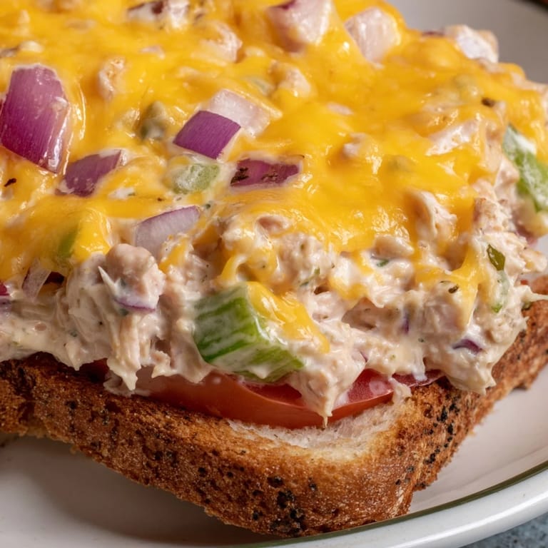 Close-up view of a warm Tuna Melt, highlighting golden crusty bread, savory tuna filling, and gooey melted cheese topping.