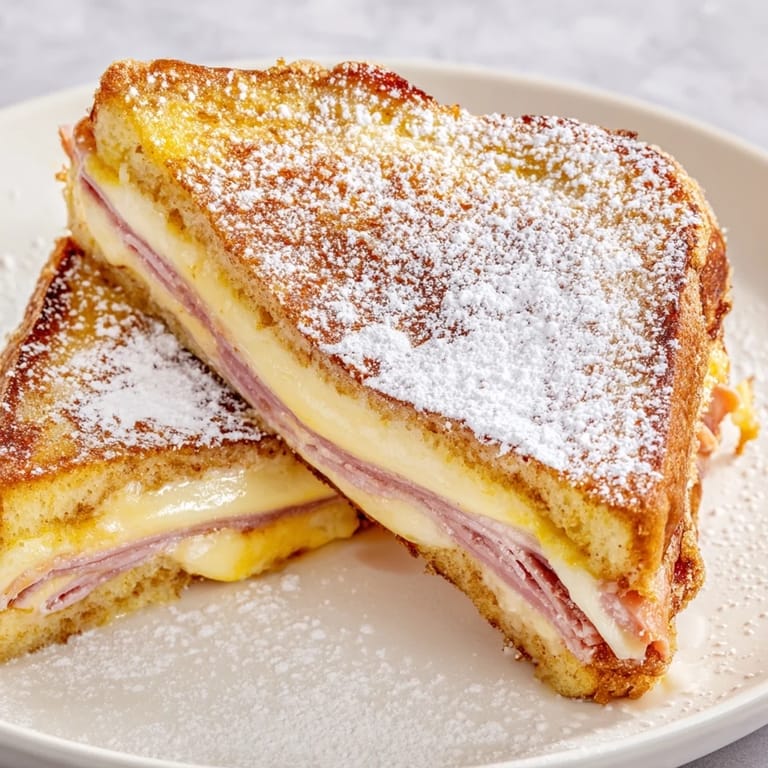 Freshly prepared Monte Cristo sandwich, cut diagonally to reveal the cheesy ham filling, paired with a small bowl of fruit preserves.