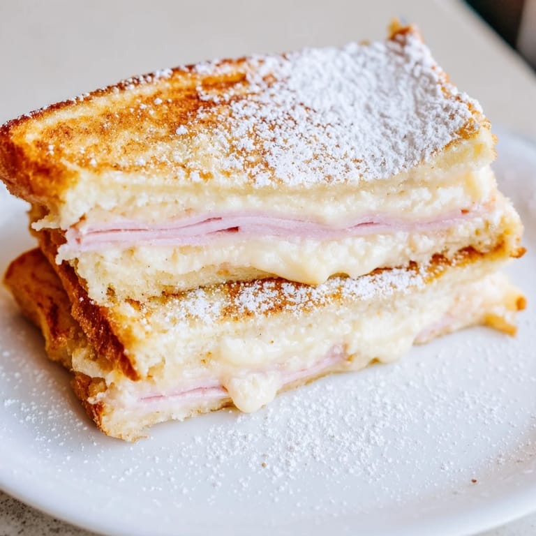 A perfectly fried Monte Cristo sandwich, layered with melted Swiss cheese and ham, ready to be dipped in sweet jam. 