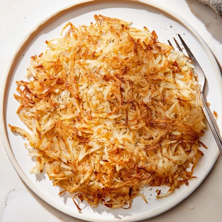 Freshly grated hash browns topped with chives, served alongside sunny-side-up eggs.