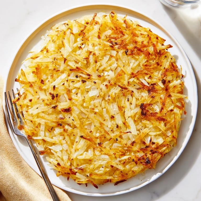 A plate of crispy hash browns, ready to be enjoyed with bacon or coffee.