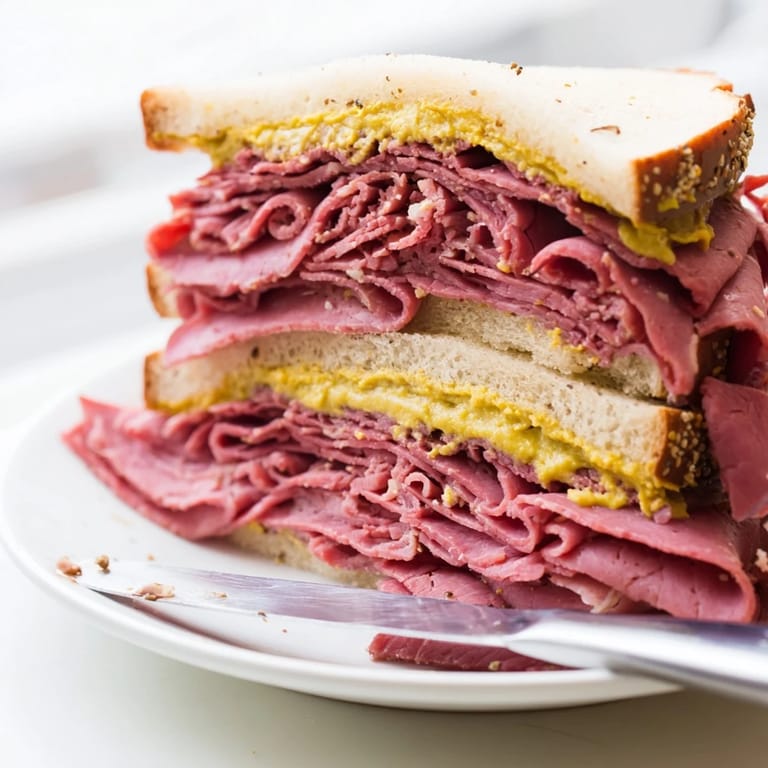 Classic New York style Pastrami on Rye served on a plate with yellow mustard and a side of pickles.