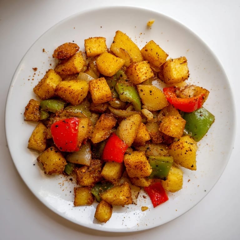 Hearty home fries served alongside scrambled eggs and fresh parsley for a classic diner meal.