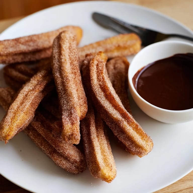 Warm cinnamon-dusted churros paired with a creamy dark chocolate dip, perfect for dessert or a snack.
