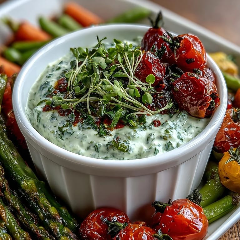 Colorful spring appetizer board featuring crisp radishes, snap peas, and creamy herb dip, garnished with microgreens and feta.