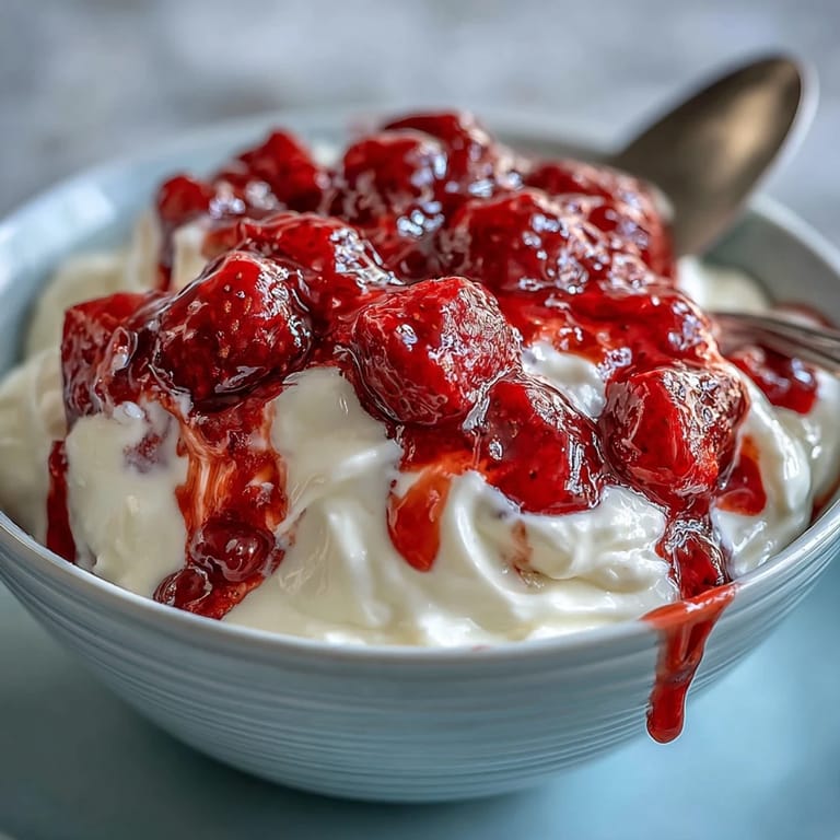 Creamy Greek yogurt topped with sweet-tart strawberry compote and honey drizzle.  