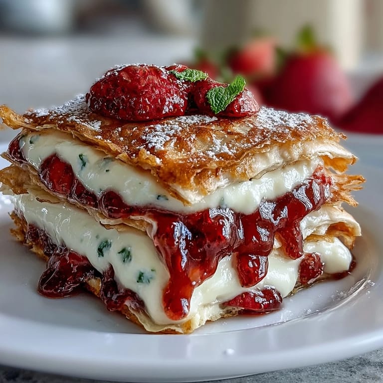 Delicate French crepes stacked with sweet strawberries and silky mascarpone cream, dusted with powdered sugar for an elegant brunch treat.  