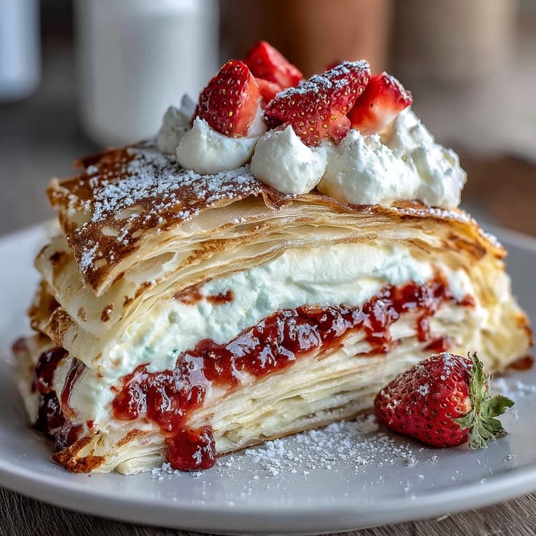 Elegant strawberry crepe cake featuring alternating layers of tender crepes, juicy berries, and rich vanilla cream, ideal for special occasions.