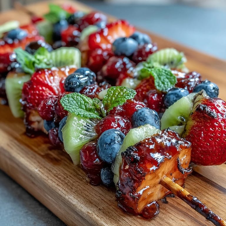 Patriotic red, white, and blue fruit skewers featuring juicy strawberries, creamy bananas, and fresh blueberries—perfect for Fourth of July parties.