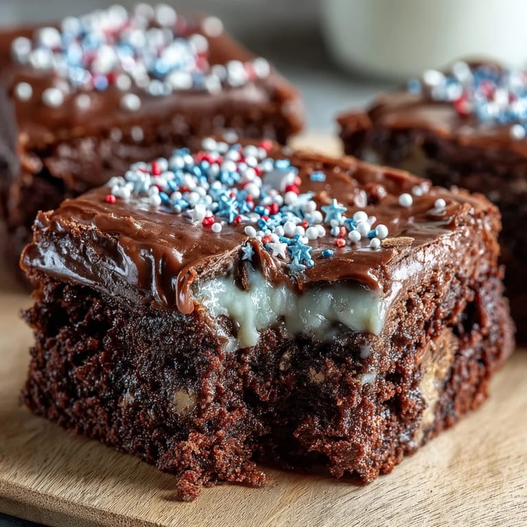 Fudgy mini brownie bites decorated with colorful patriotic sprinkles, perfect for Independence Day parties and summer celebrations.