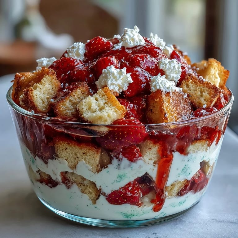 Layered Mothers Day Strawberry Shortcake Trifle dessert with juicy strawberries and fluffy whipped cream.
