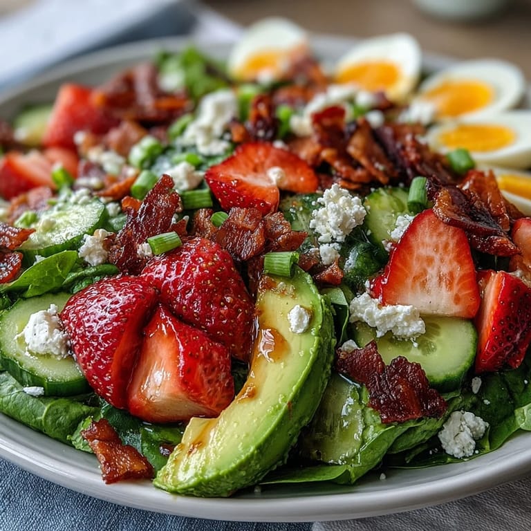 Fresh Spring Cobb Salad with Strawberries and Avocado, featuring rows of colorful vegetables, hard-boiled eggs, and crumbled bacon, drizzled with honey-Dijon vinaigrette.