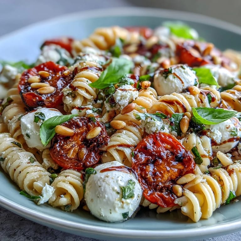 Refreshing Caprese pasta salad with al dente pasta, ripe tomatoes, and basil in olive oil.