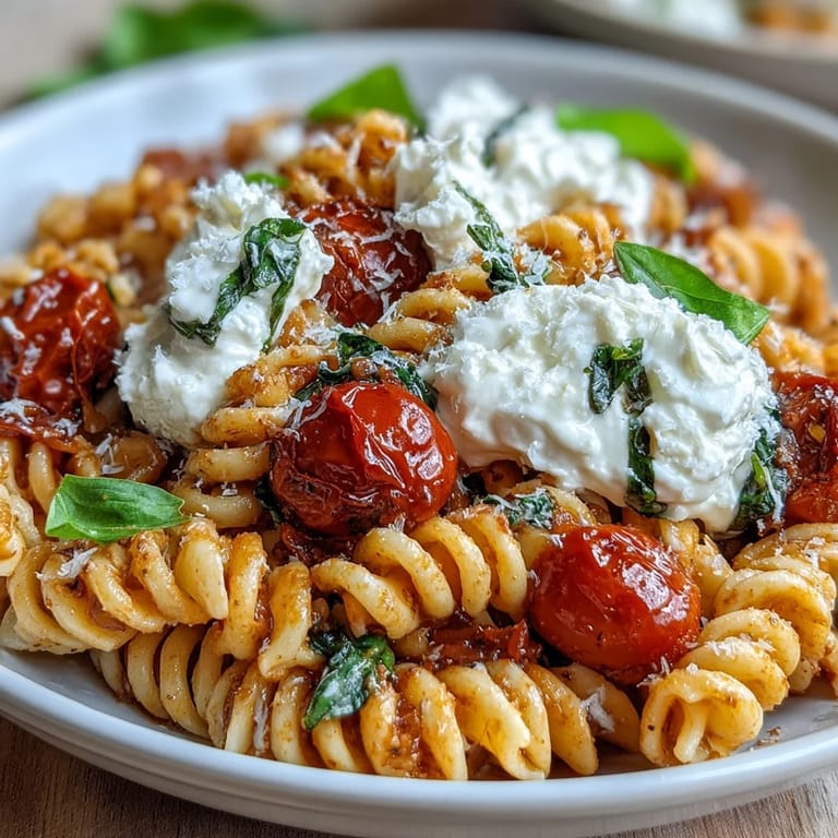 Caprese Pasta with Burrata, a vibrant vegetarian dish featuring juicy cherry tomatoes, creamy cheese, and al dente pasta.