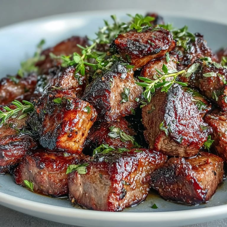 Tender steak cubes tossed with aromatic garlic and thyme, served hot for a satisfying low-carb meal.