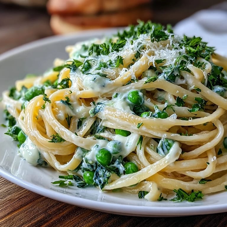 A comforting vegetarian pasta dish featuring tender linguine tossed with creamy ricotta, zesty lemon, and sweet peas, served with a sprinkle of Parmesan for added flavor.