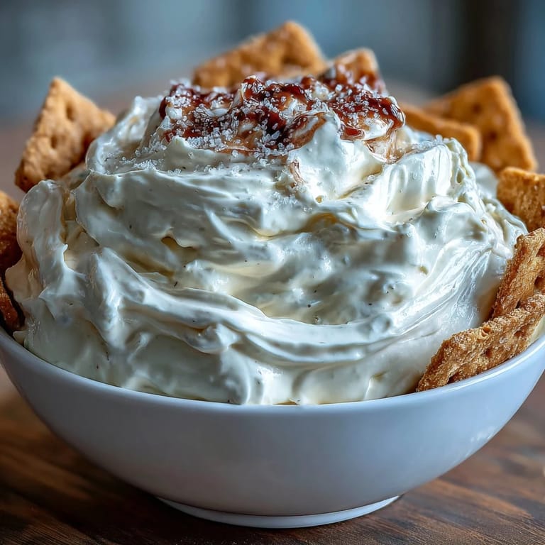 Three-ingredient cheesecake dip, a luscious blend of cream cheese and whipped cream, perfect for dipping graham crackers at any party.