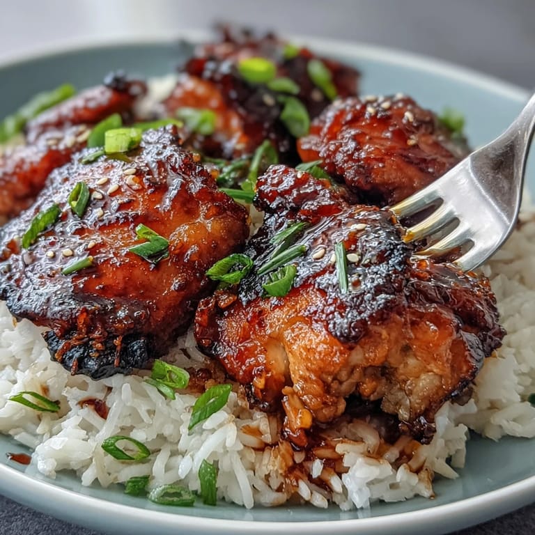 3. Slow-cooked honey garlic chicken with a glossy sauce, served over steamed rice and topped with fresh green onions.