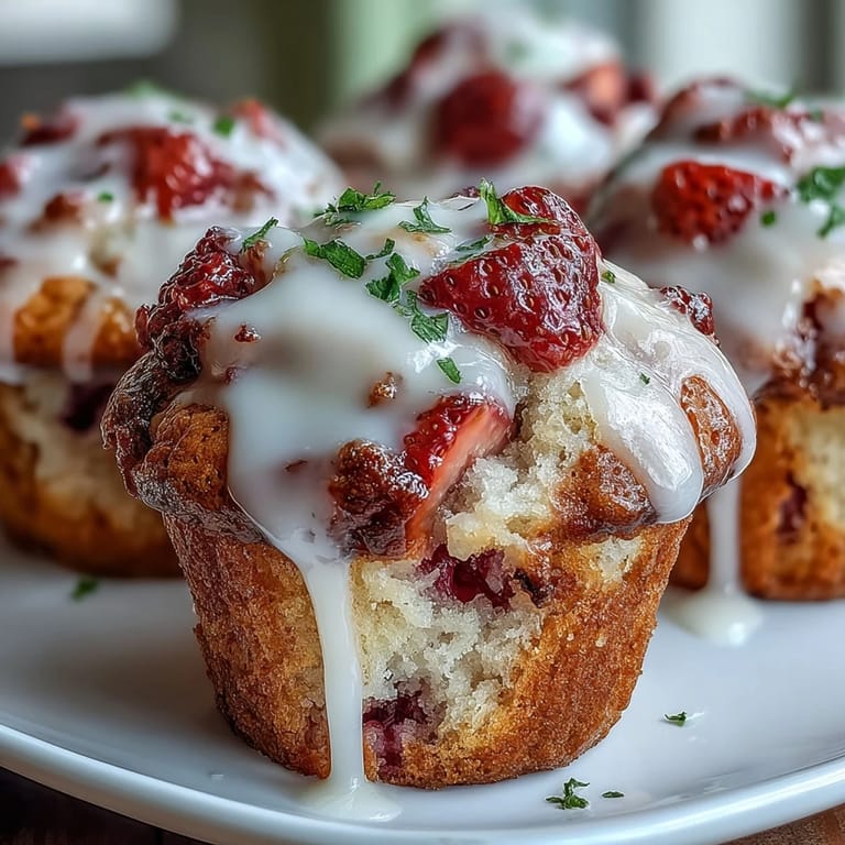 Golden muffins filled with juicy strawberries and zesty lemon, drizzled with a sweet-tart glaze for a perfect brunch treat.