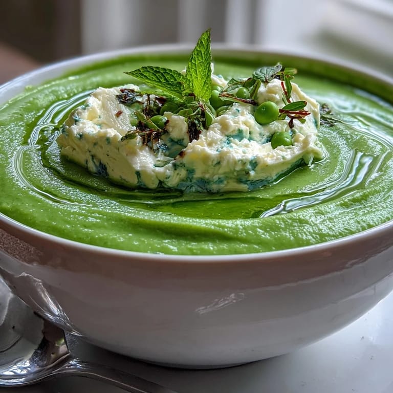 Light, refreshing pea soup topped with airy whipped ricotta and bright mint.