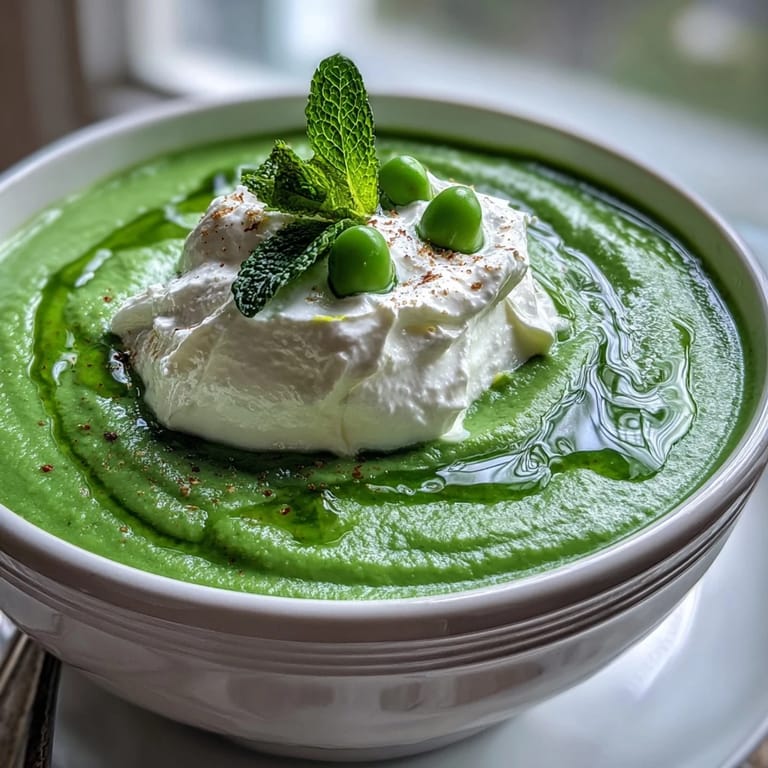 Whimsical spring pea soup served with a dollop of fluffy ricotta.