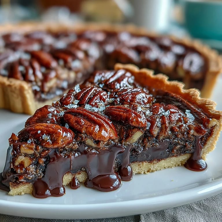 Golden-brown Kentucky Derby chocolate pecan tart, ready to serve.
