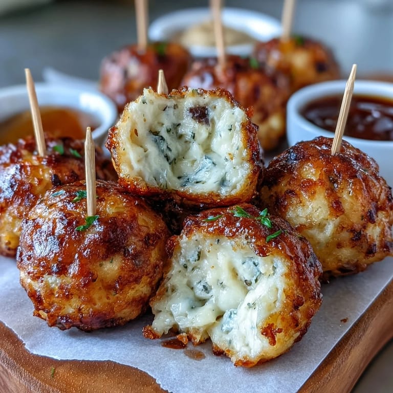 Warm, cheesy Derby Party Olive Balls, ready to be devoured on toothpicks.