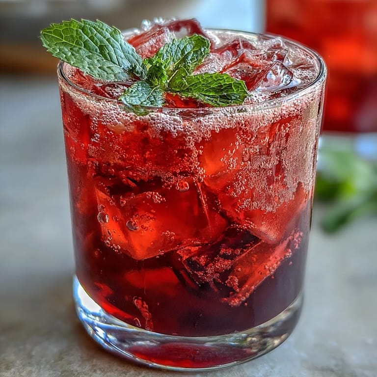 Refreshing Sparkling Hibiscus Mint Lemonade Mocktail ready to be enjoyed on a sunny day.