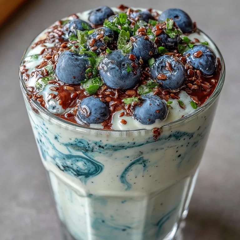 Deliciously smooth probiotic kefir smoothie, a healthy blueberry and flaxseed blend.