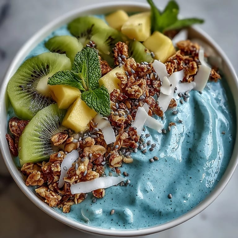 Eye-catching blue spirulina smoothie bowl, a tropical delight for breakfast.