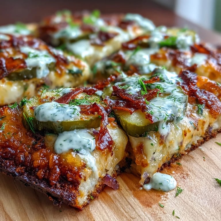Crispy pickle pizza flatbread topped with melted cheese and zesty red onion.