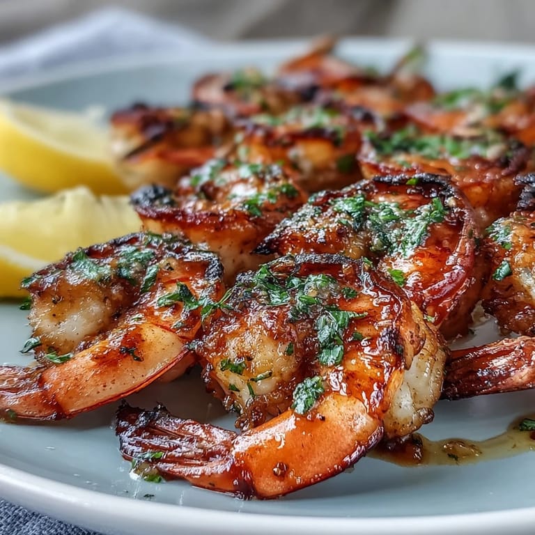 Juicy honey garlic shrimp skewers, hot off the grill, garnished with parsley.