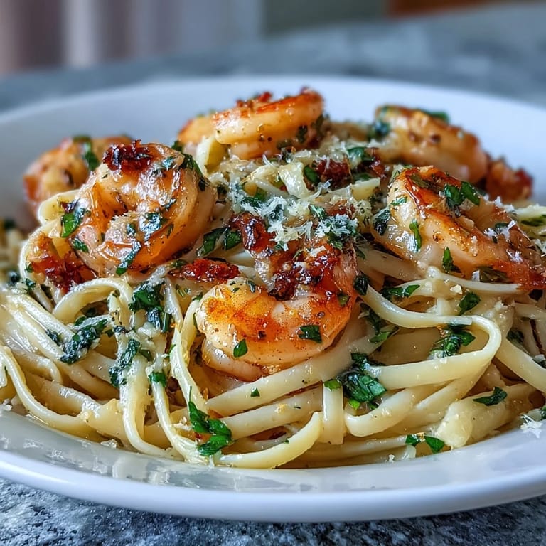 A beautiful plate of Shrimp Scampi Linguine, with plump shrimp and fresh lemon notes.