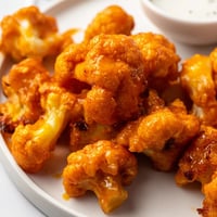 Golden-baked Buffalo Cauliflower Wings glisten with spicy red sauce, served alongside crisp celery sticks and a bowl of cool ranch dressing.