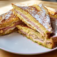 Golden-brown Monte Cristo sandwich slices dusted with powdered sugar, served with a side of raspberry preserves on a rustic plate. 
