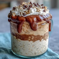 Creamy Vanilla Bean Frappuccino Overnight Oats in a jar, topped with whipped cream and chocolate chips for a coffeehouse-inspired breakfast treat.