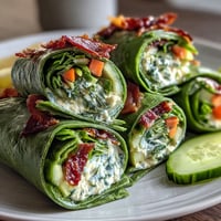 Fresh spinach pinwheel wraps with herb cream cheese and colorful vegetable strips, perfect for a healthy snack or party platter.
