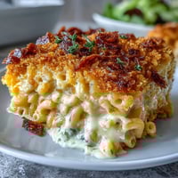 Baked mac and cheese with creamy cheddar sauce and golden crunchy topping, ideal for hearty Southern dinners.