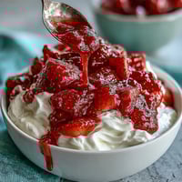 Strawberry compote over Greek yogurt with fresh mint garnish.  