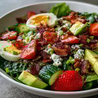 Spring Cobb Salad with Strawberries and Avocado, a vibrant mix of juicy berries, creamy avocado, and crisp greens, topped with feta and tangy balsamic dressing.